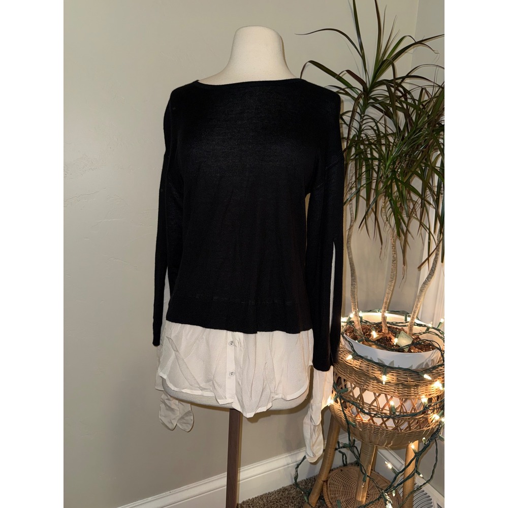 SOH Black Cream Layered Sweater Long Sleeve Button‎ Up Sheer Sleeve Tie Detail